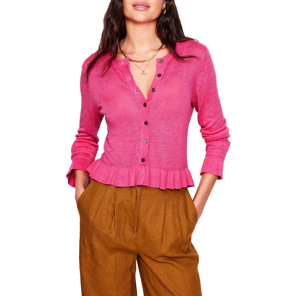 Boden Pink Linen Cardigan XS Frilled Ruffle Hem Long Sleeve Sweater
